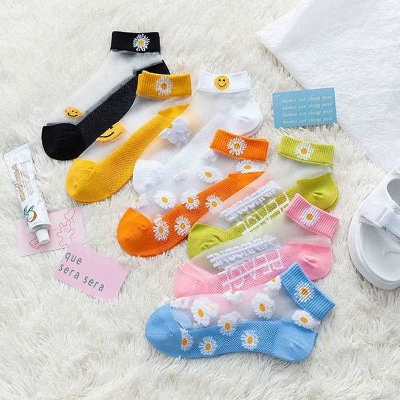 Picture of Women's Sheer Daisy Socks Lightweight Transparent Spring Summer Fashion (pink)
