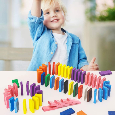 Picture of 100 pcs Wooden Dominos Blocks Set, Kids Game Educational Play Toy