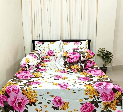Picture of 5 Piece Premium Twill Cotton Comforter Set  (White  and Pink Print)