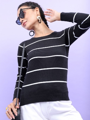 Picture of Pantoneclo Premium Women's / Girl's Round Neck Pullover Long Sleeve Stripe Sweat Shirt / Sweater / Cardigan / Jumper