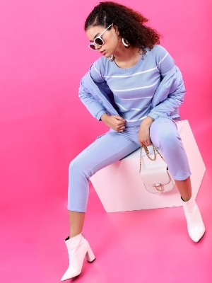 Picture of Pantoneclo Premium Women's / Girl's Round Neck Pullover Long Sleeve Stripe Sweat Shirt / Sweater / Cardigan / Jumper