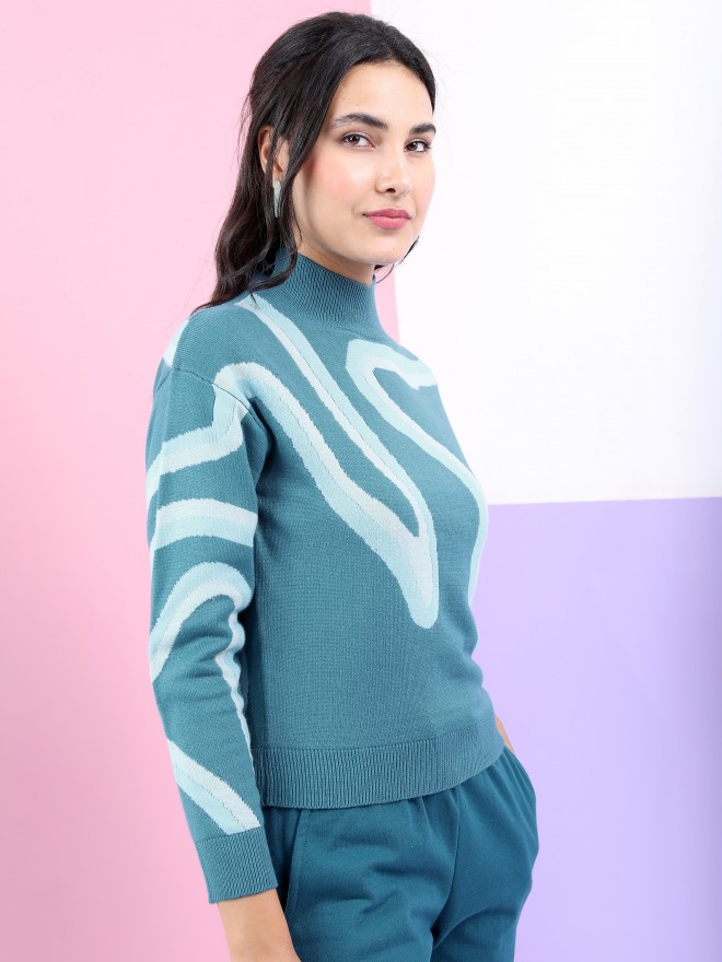 Picture of Pantoneclo Premium Women's / Girl's Teal Jacquard High Neck Pullover / Sweater / Cardigan