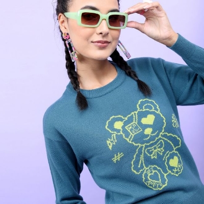 Picture of Pantoneclo Premium Women's / Girl's Teal Round Neck Long Sleeve Sweater / Cardigan / Pullover