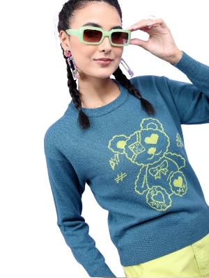 Picture of Pantoneclo Premium Women's / Girl's Teal Round Neck Long Sleeve Sweater / Cardigan / Pullover