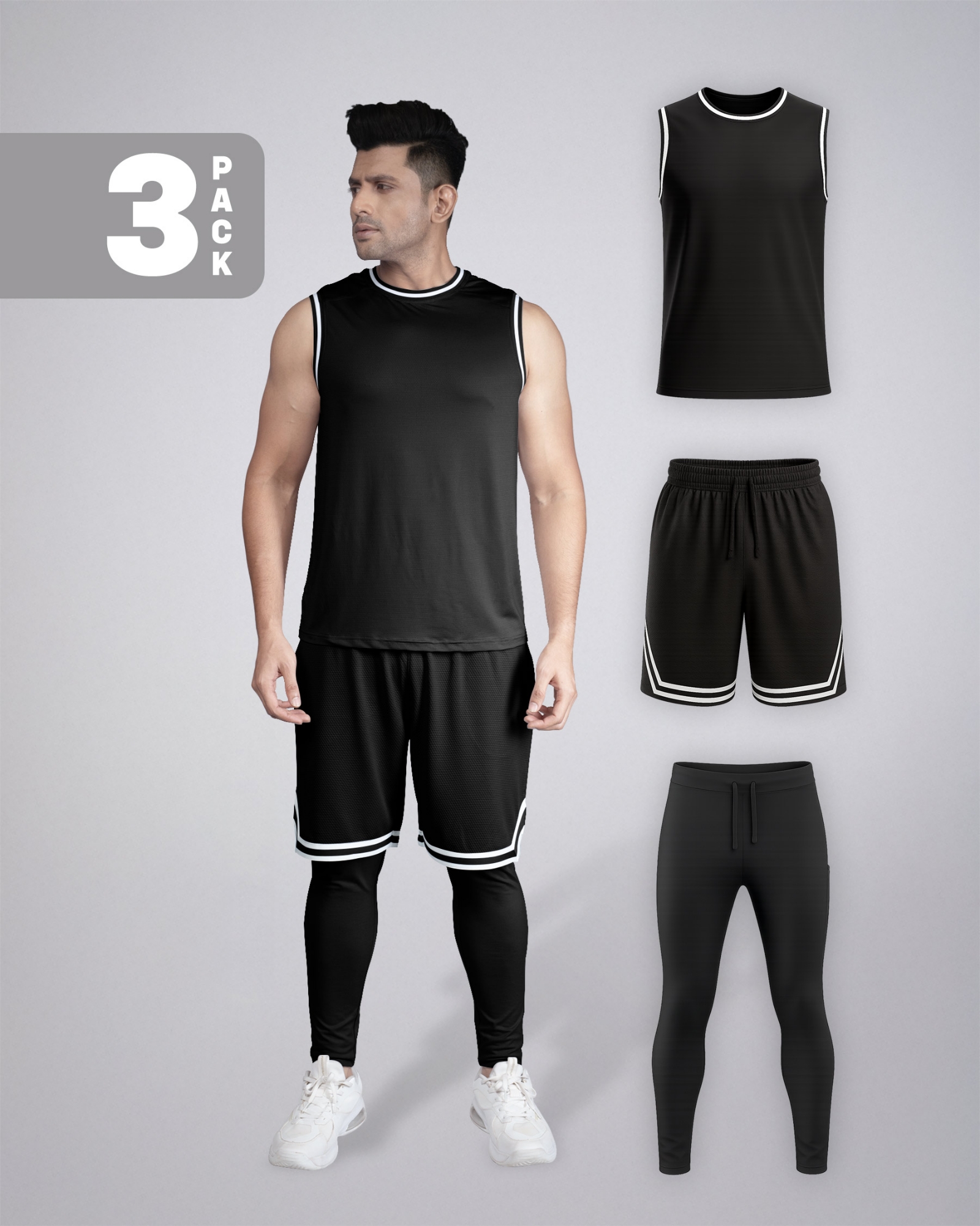 Picture of Pantoneclo Men’s Fitness Combo | Breathable Vest, Shorts and Layer Trouser for Gym Training Set | Workout and Activewear Set | Lightweight Gym Sportswear Combo | 3 Piece Pack | Sports Vest, Shorts and Training Trouser