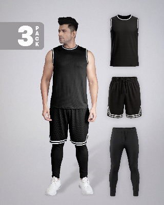 Picture of Pantoneclo Men’s Fitness Combo | Breathable Vest, Shorts and Layer Trouser for Gym Training Set | Workout and Activewear Set | Lightweight Gym Sportswear Combo | 3 Piece Pack | Sports Vest, Shorts and Training Trouser