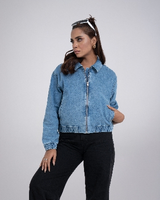 Picture of Leafletic Women's Denim Jacket | Stylish Cropped Denim Jacket | Stretchable Cotton Blend Casual Jacket | Modern Bomber Style Jacket for Ladies