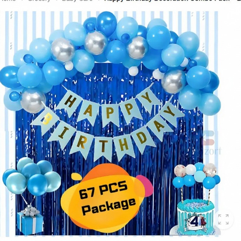 Picture of Happy Birthday Decoration Combo Pack – Blue Backdrop Foil Curtain, Light Blue Paper Birthday Banner With Metallic Balloons - Blue, Silver 