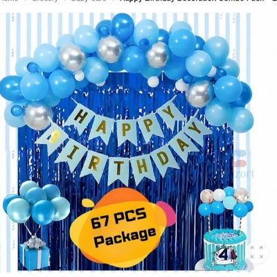 Picture of Happy Birthday Decoration Combo Pack – Blue Backdrop Foil Curtain, Light Blue Paper Birthday Banner With Metallic Balloons - Blue, Silver 