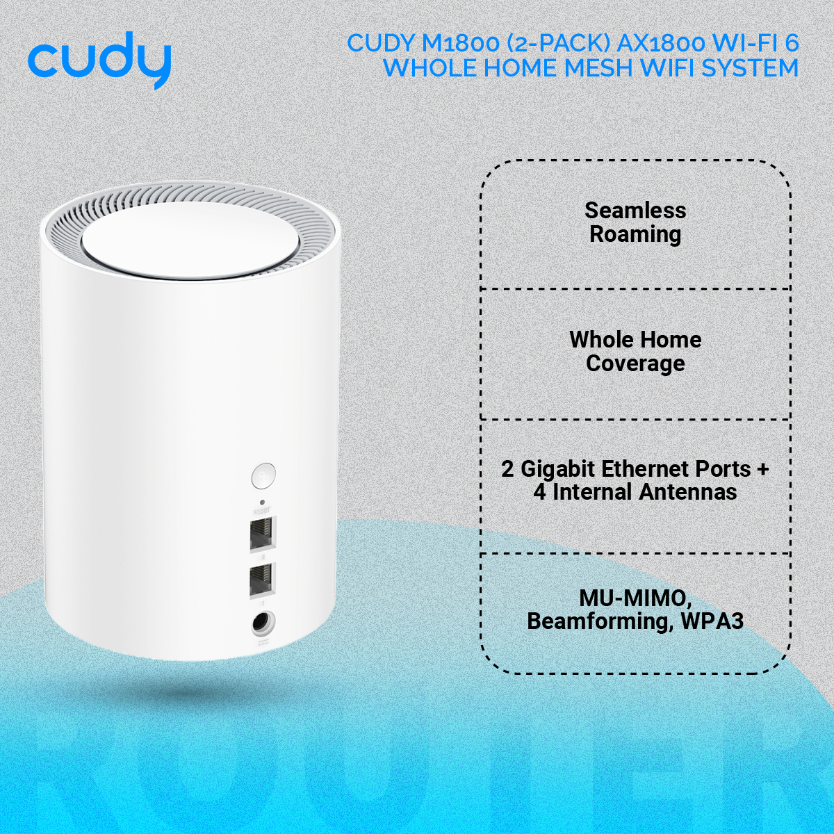 Picture of Cudy M1800 (2-pack) AX1800 Wi-Fi 6 Whole Home Mesh WiFi System - 1201Mbps on 5GHz and 574Mbps on 2.4GHz - MU-MIMO, Beamforming, WPA3 - Whole Home Coverage - White
