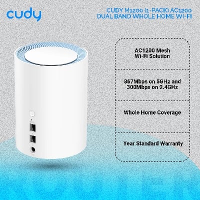 Picture of Cudy M1200 (1-pack) AC1200 Dual Band Whole Home Wi-Fi Mesh System - 867Mbps on 5GHz and 300Mbps on 2.4GHz - 2 Internal Antennas - White