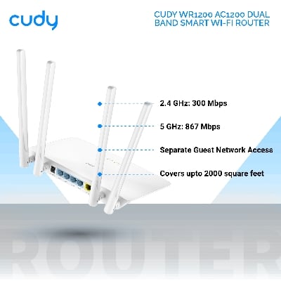 Picture of Cudy WR1200 AC1200 Dual Band Smart Wi-Fi Router - 5dBi High Gain Antennas - 867Mbps at 5GHz and 300Mbps at 2.4GHz - White