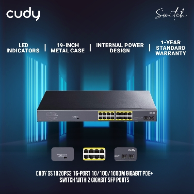 Picture of Cudy GS1020PS2 16-Port 10/100/1000M Gigabit PoE+ Switch with 2 Gigabit SFP Ports