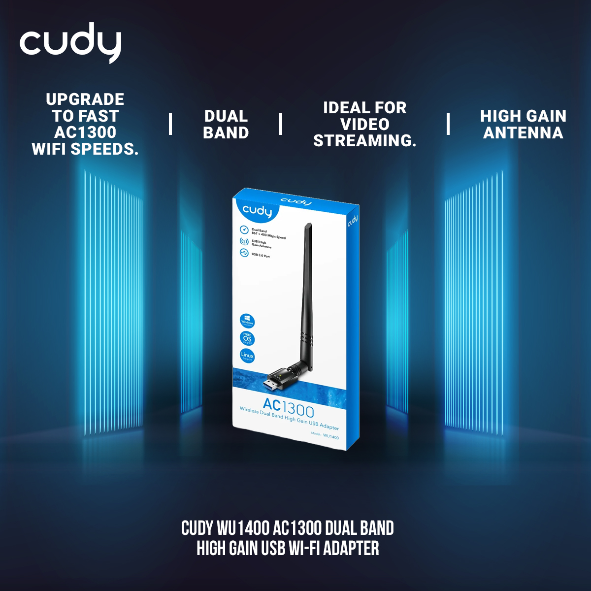 Picture of Cudy WU1400 AC1300 Dual Band High Gain USB Wi-Fi Adapter - 867Mbps at 5GHz and 400Mbps at 2.4GHz - 5dBi High Gain Detachable Antenna - Compatible with Windows, macOS, Linux - Black
