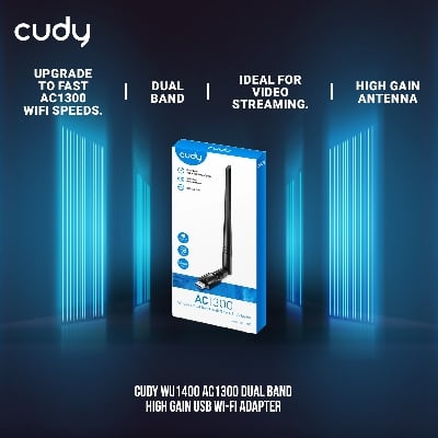 Picture of Cudy WU1400 AC1300 Dual Band High Gain USB Wi-Fi Adapter - 867Mbps at 5GHz and 400Mbps at 2.4GHz - 5dBi High Gain Detachable Antenna - Compatible with Windows, macOS, Linux - Black