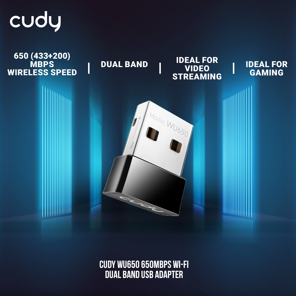 Picture of Cudy WU650 650Mbps Wi-Fi Dual Band USB Adapter - Built in 2dBi Antenna - Compact Design - Supports Windows 10, 8.1, 8, 7, XP - Black