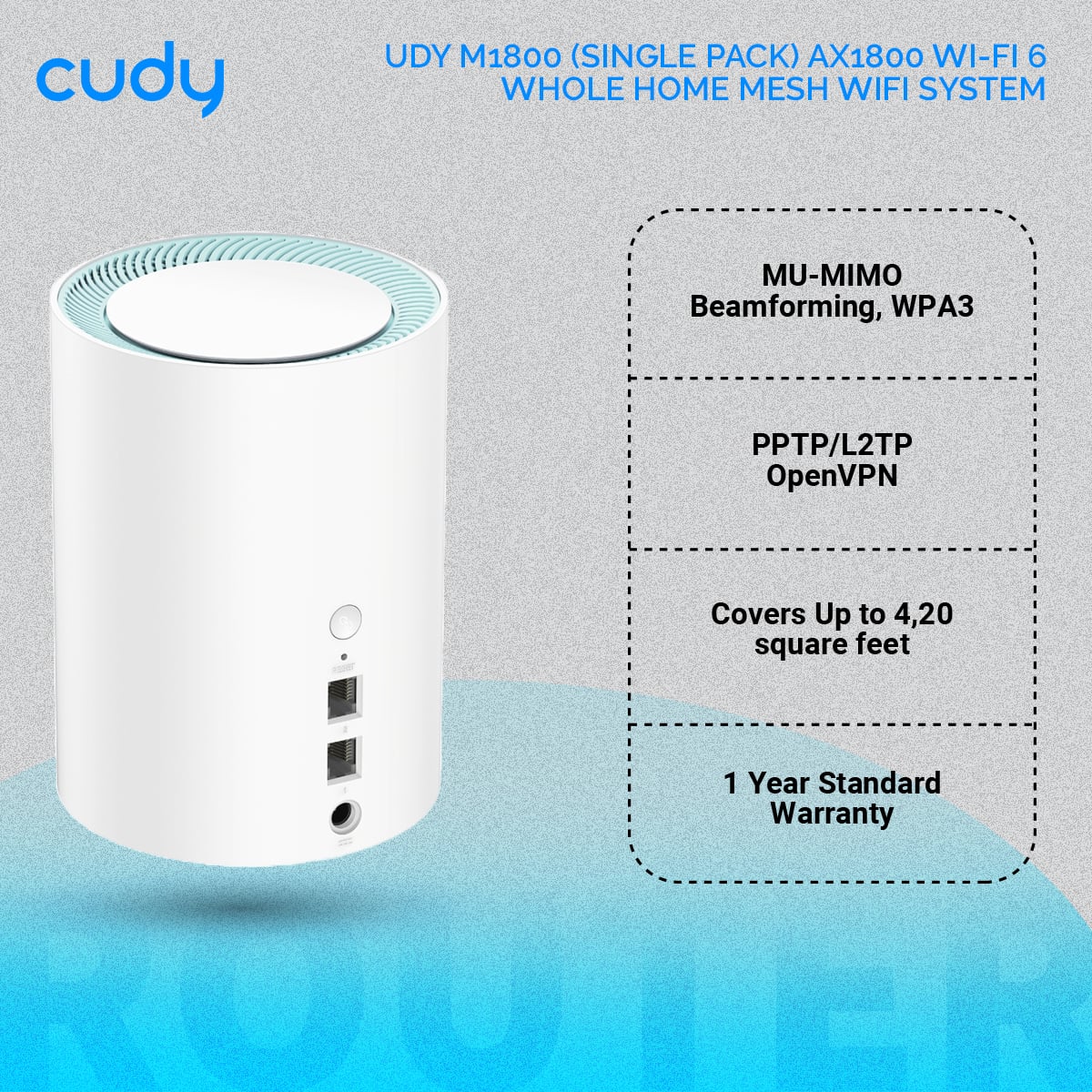Picture of Cudy M1800 (Single pack) AX1800 Wi-Fi 6 Whole Home Mesh WiFi System - 1201Mbps on 5GHz and 574Mbps on 2.4GHz - MU-MIMO, Beamforming, WPA3 - Whole Home Coverage - White