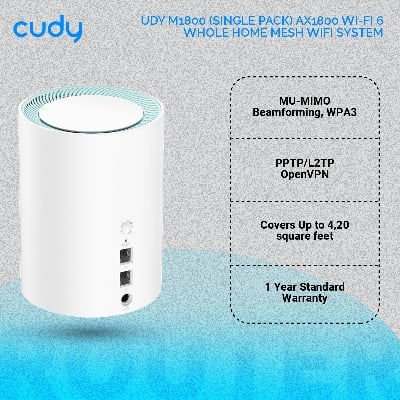 Picture of Cudy M1800 (Single pack) AX1800 Wi-Fi 6 Whole Home Mesh WiFi System - 1201Mbps on 5GHz and 574Mbps on 2.4GHz - MU-MIMO, Beamforming, WPA3 - Whole Home Coverage - White