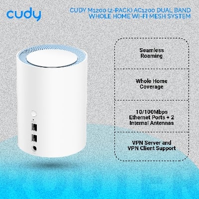 Picture of Cudy M1200 (2-pack) AC1200 Dual Band Whole Home Wi-Fi Mesh System - 867Mbps on 5GHz and 300Mbps on 2.4GHz - MU-MIMO - 2 Internal Antennas - White