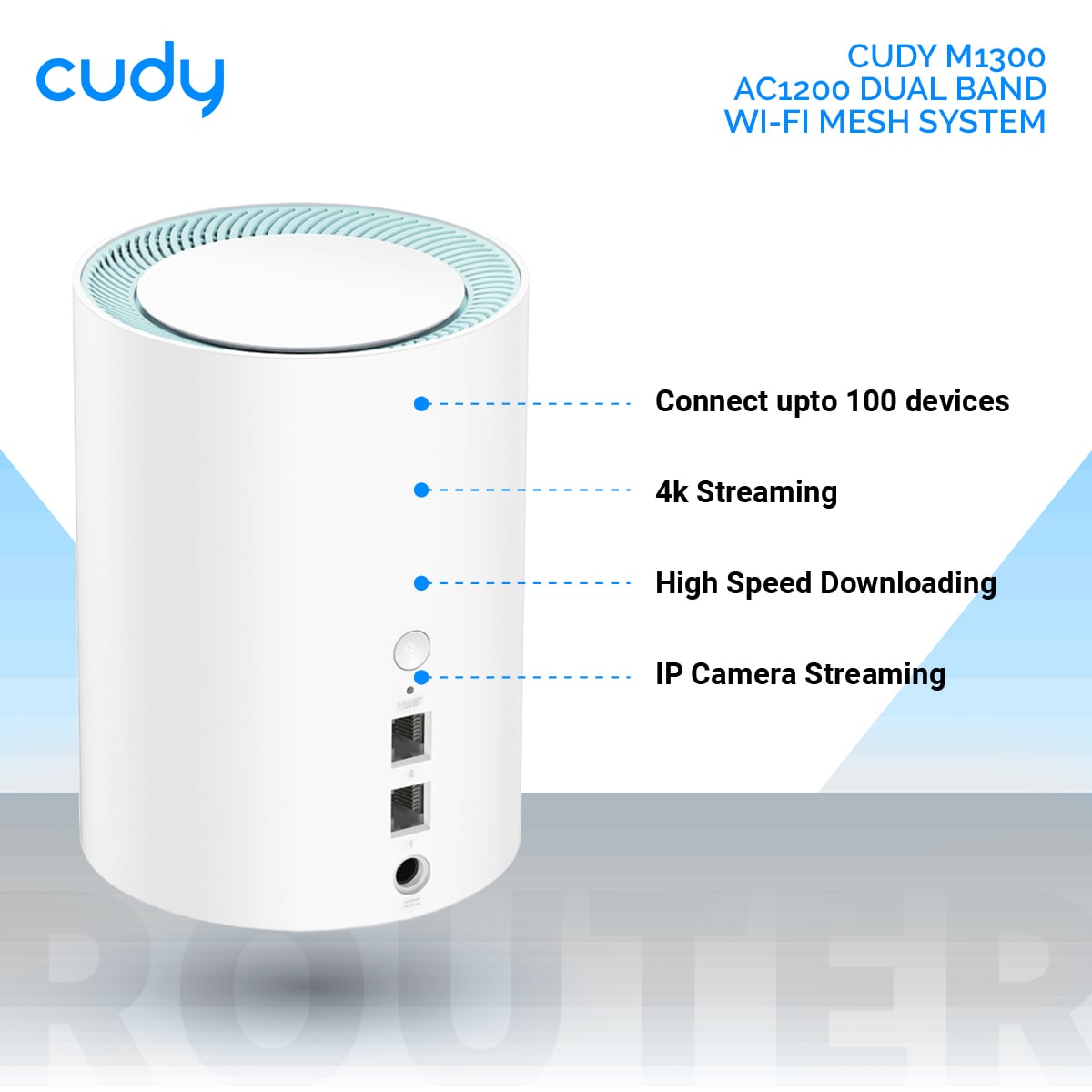 Picture of Cudy M1300 (1-Pack) AC1200 Dual Band Whole Home Wi-Fi Mesh System - 867Mbps on 5GHz and 300Mbps on 2.4GHz - 2 Gigabit Ethernet Ports - White
