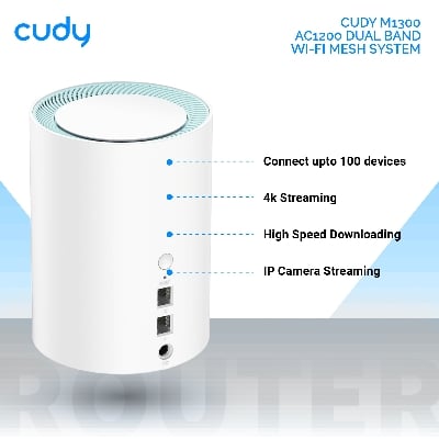Picture of Cudy M1300 (1-Pack) AC1200 Dual Band Whole Home Wi-Fi Mesh System - 867Mbps on 5GHz and 300Mbps on 2.4GHz - 2 Gigabit Ethernet Ports - White