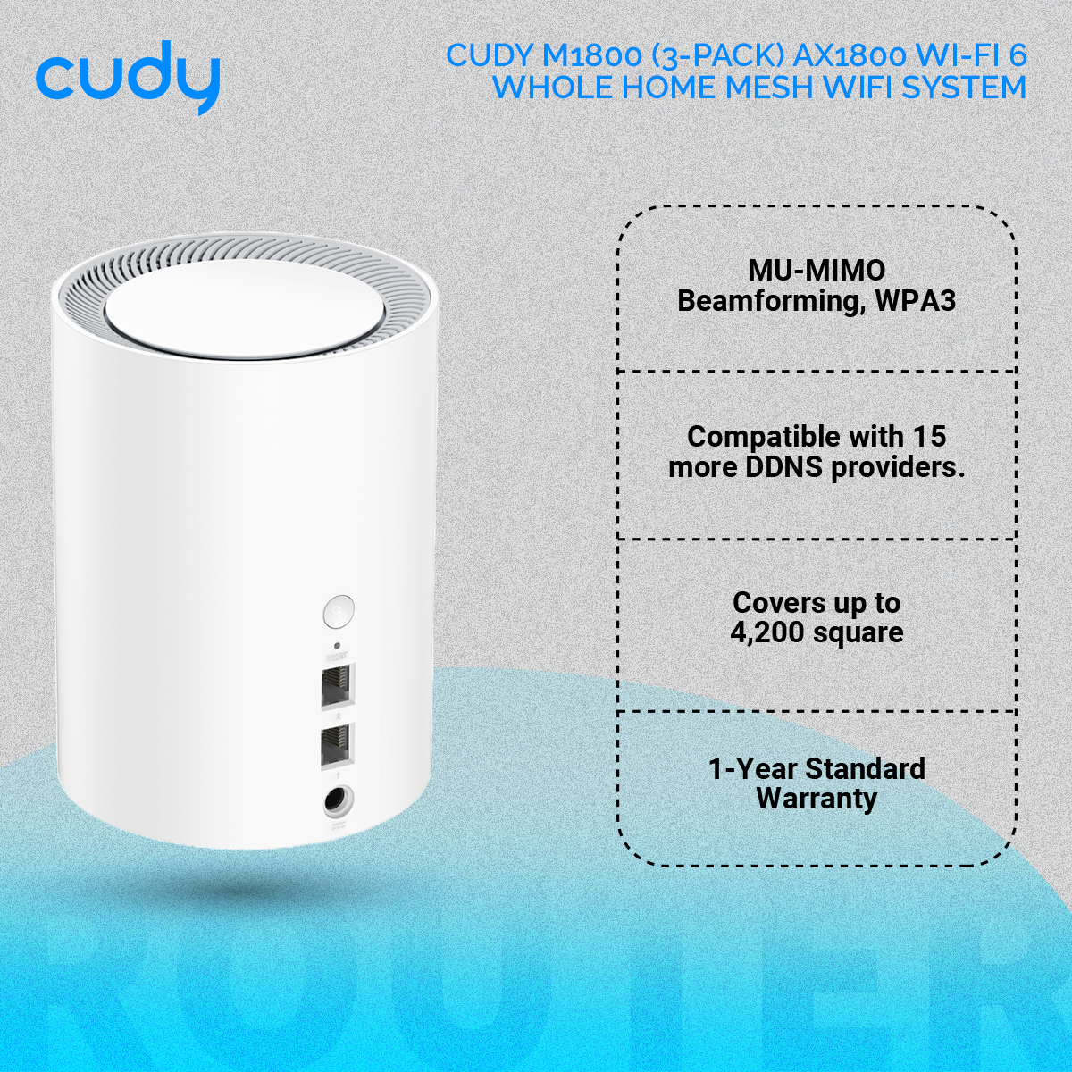 Picture of Cudy M1800 (3-Pack) AX1800 Wi-Fi 6 Whole Home Mesh WiFi System - 1201Mbps on 5GHz and 574Mbps on 2.4GHz - MU-MIMO, Beamforming, WPA3 - Whole Home Coverage - White