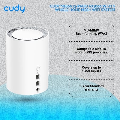 Picture of Cudy M1800 (3-Pack) AX1800 Wi-Fi 6 Whole Home Mesh WiFi System - 1201Mbps on 5GHz and 574Mbps on 2.4GHz - MU-MIMO, Beamforming, WPA3 - Whole Home Coverage - White