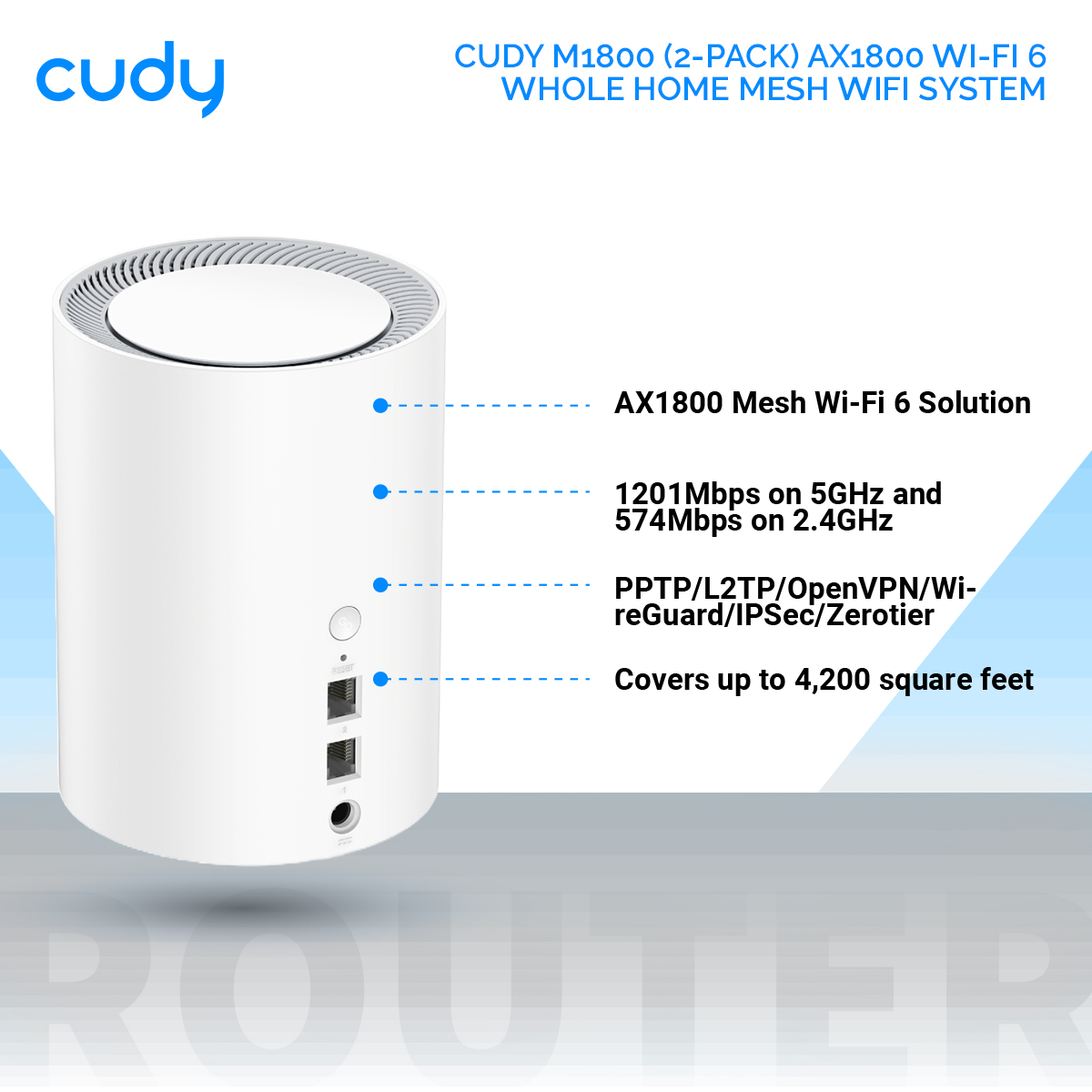 Picture of Cudy M1800 (2-pack) AX1800 Wi-Fi 6 Whole Home Mesh WiFi System - 1201Mbps on 5GHz and 574Mbps on 2.4GHz - MU-MIMO, Beamforming, WPA3 - Whole Home Coverage - White
