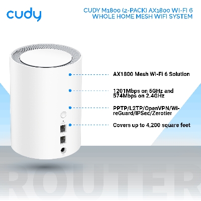 Picture of Cudy M1800 (2-pack) AX1800 Wi-Fi 6 Whole Home Mesh WiFi System - 1201Mbps on 5GHz and 574Mbps on 2.4GHz - MU-MIMO, Beamforming, WPA3 - Whole Home Coverage - White