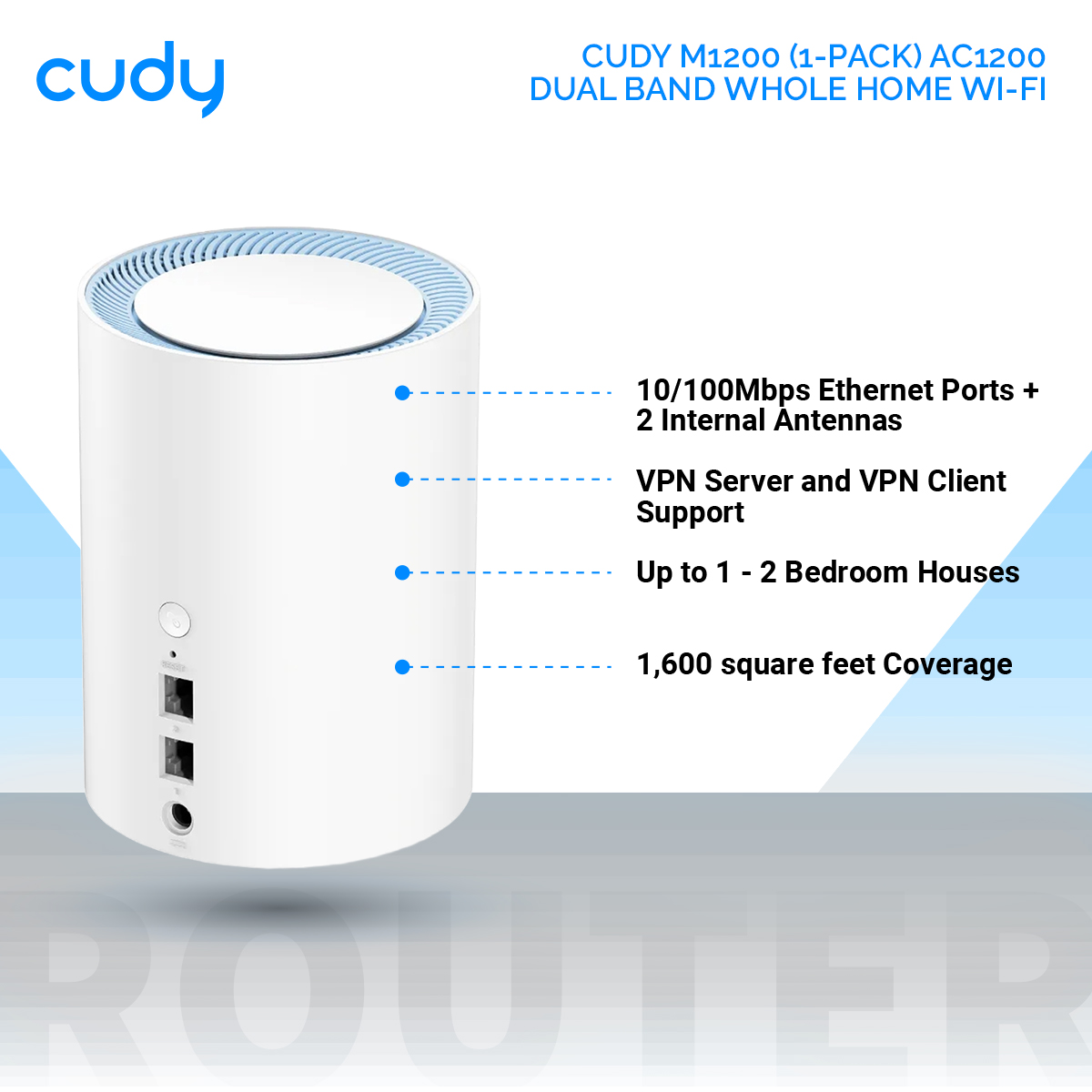 Picture of Cudy M1200 (1-pack) AC1200 Dual Band Whole Home Wi-Fi Mesh System - 867Mbps on 5GHz and 300Mbps on 2.4GHz - 2 Internal Antennas - White