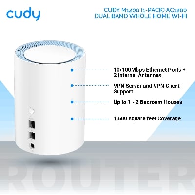 Picture of Cudy M1200 (1-pack) AC1200 Dual Band Whole Home Wi-Fi Mesh System - 867Mbps on 5GHz and 300Mbps on 2.4GHz - 2 Internal Antennas - White