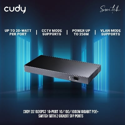 Picture of Cudy GS1020PS2 16-Port 10/100/1000M Gigabit PoE+ Switch with 2 Gigabit SFP Ports