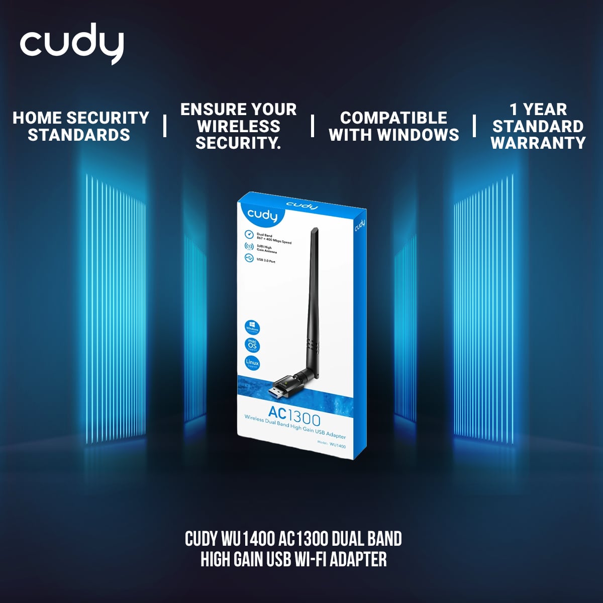 Picture of Cudy WU1400 AC1300 Dual Band High Gain USB Wi-Fi Adapter - 867Mbps at 5GHz and 400Mbps at 2.4GHz - 5dBi High Gain Detachable Antenna - Compatible with Windows, macOS, Linux - Black