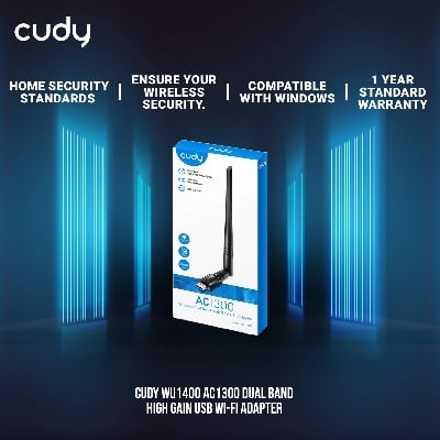 Picture of Cudy WU1400 AC1300 Dual Band High Gain USB Wi-Fi Adapter - 867Mbps at 5GHz and 400Mbps at 2.4GHz - 5dBi High Gain Detachable Antenna - Compatible with Windows, macOS, Linux - Black