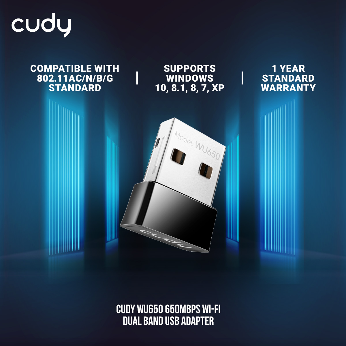 Picture of Cudy WU650 650Mbps Wi-Fi Dual Band USB Adapter - Built in 2dBi Antenna - Compact Design - Supports Windows 10, 8.1, 8, 7, XP - Black