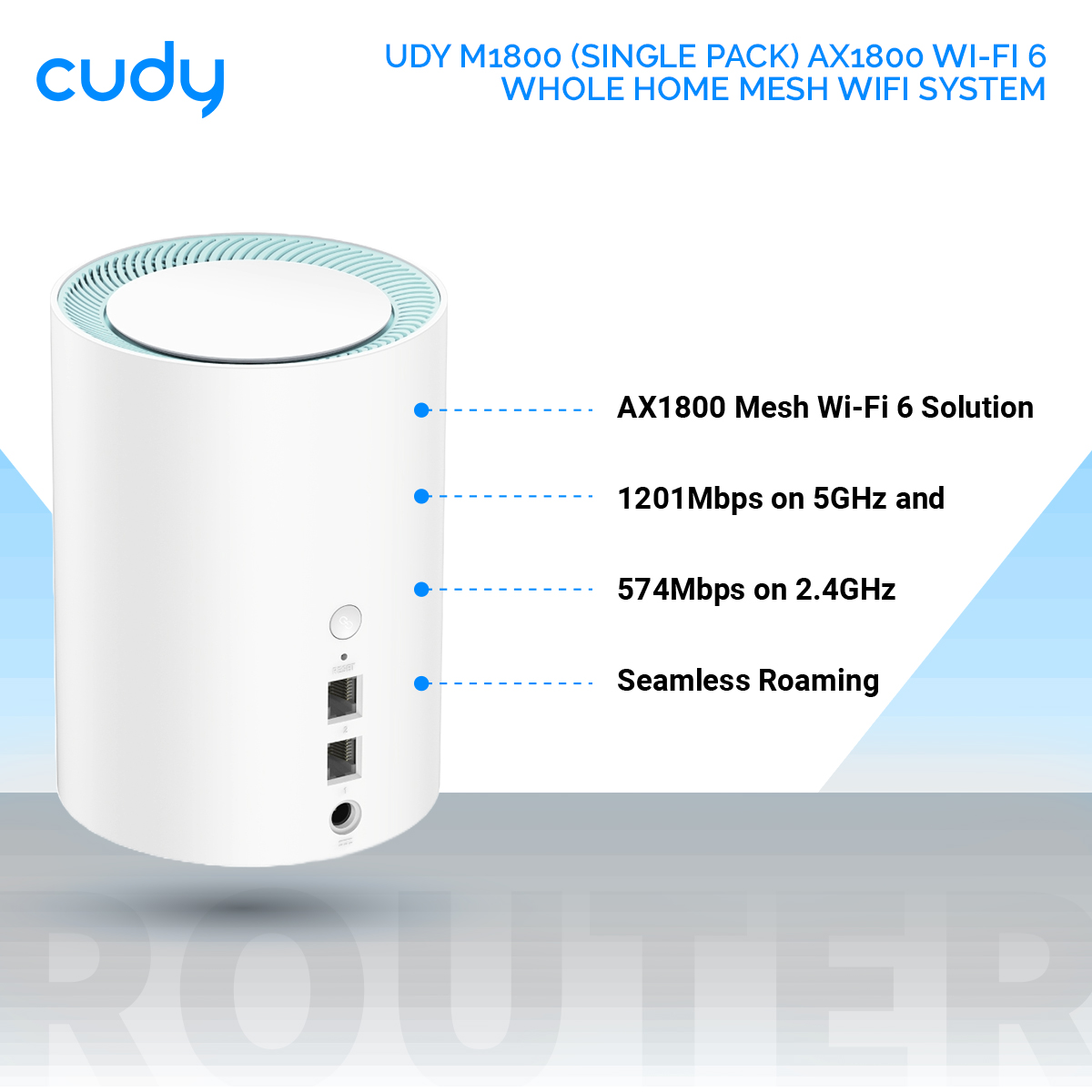 Picture of Cudy M1800 (Single pack) AX1800 Wi-Fi 6 Whole Home Mesh WiFi System - 1201Mbps on 5GHz and 574Mbps on 2.4GHz - MU-MIMO, Beamforming, WPA3 - Whole Home Coverage - White