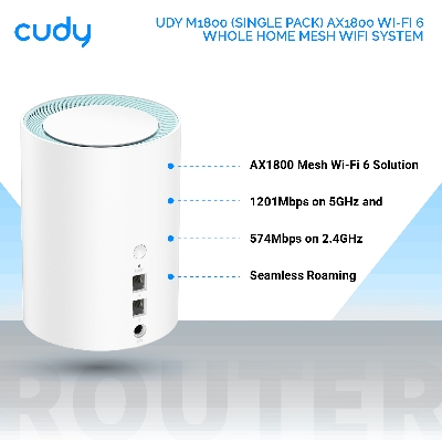 Picture of Cudy M1800 (Single pack) AX1800 Wi-Fi 6 Whole Home Mesh WiFi System - 1201Mbps on 5GHz and 574Mbps on 2.4GHz - MU-MIMO, Beamforming, WPA3 - Whole Home Coverage - White