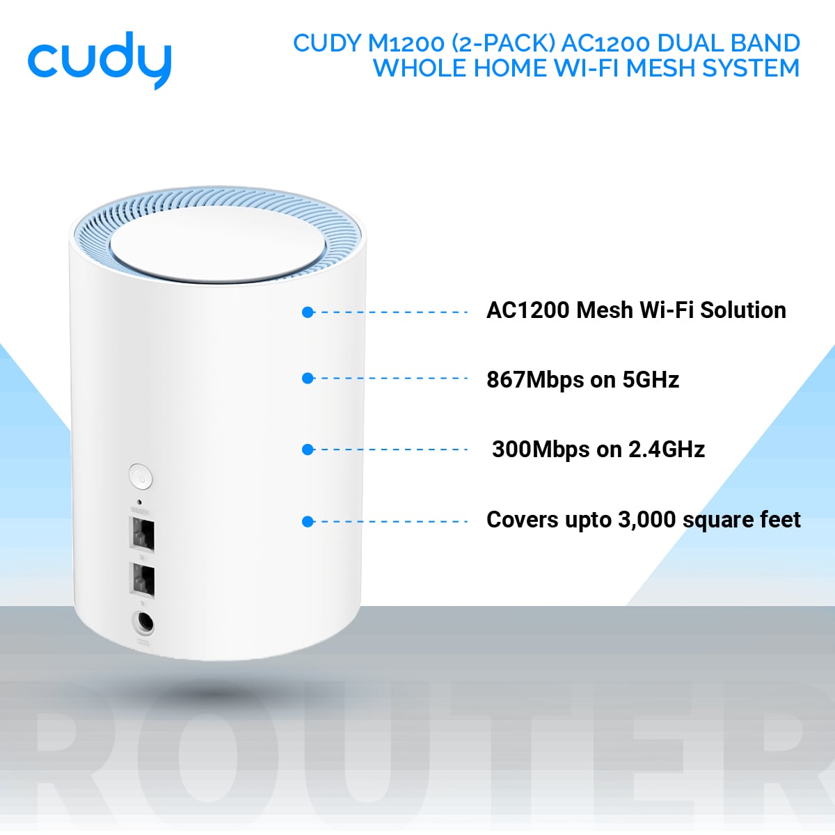 Picture of Cudy M1200 (2-pack) AC1200 Dual Band Whole Home Wi-Fi Mesh System - 867Mbps on 5GHz and 300Mbps on 2.4GHz - MU-MIMO - 2 Internal Antennas - White