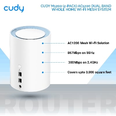 Picture of Cudy M1200 (2-pack) AC1200 Dual Band Whole Home Wi-Fi Mesh System - 867Mbps on 5GHz and 300Mbps on 2.4GHz - MU-MIMO - 2 Internal Antennas - White