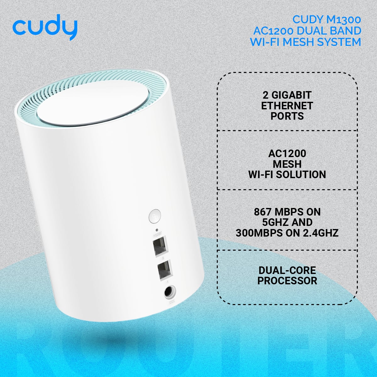 Picture of Cudy M1300 (1-Pack) AC1200 Dual Band Whole Home Wi-Fi Mesh System - 867Mbps on 5GHz and 300Mbps on 2.4GHz - 2 Gigabit Ethernet Ports - White