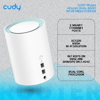 Picture of Cudy M1300 (1-Pack) AC1200 Dual Band Whole Home Wi-Fi Mesh System - 867Mbps on 5GHz and 300Mbps on 2.4GHz - 2 Gigabit Ethernet Ports - White