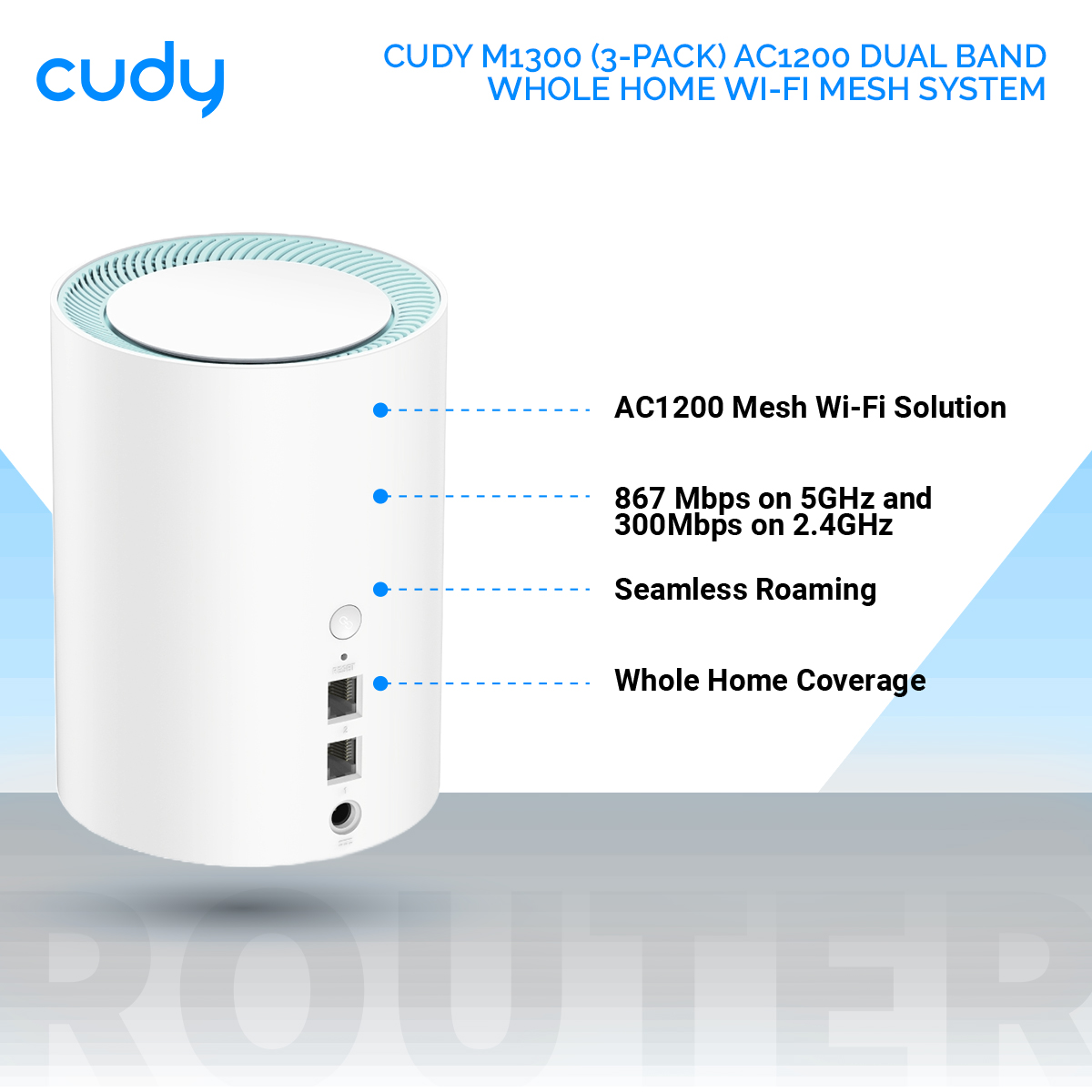 Picture of Cudy M1300 (3-Pack) AC1200 Dual Band Whole Home Wi-Fi Mesh System - 867Mbps on 5GHz and 300Mbps on 2.4GHz - 2 Gigabit Ethernet Ports - White
