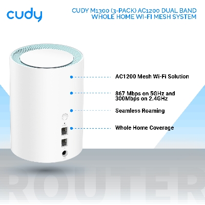 Picture of Cudy M1300 (3-Pack) AC1200 Dual Band Whole Home Wi-Fi Mesh System - 867Mbps on 5GHz and 300Mbps on 2.4GHz - 2 Gigabit Ethernet Ports - White