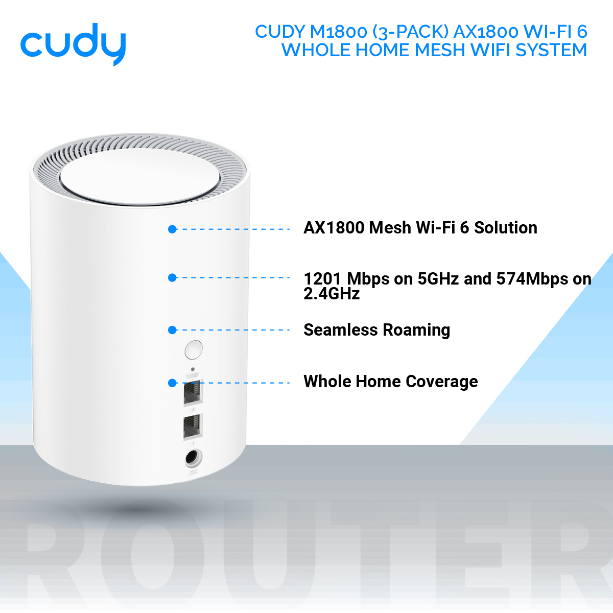 Picture of Cudy M1800 (3-Pack) AX1800 Wi-Fi 6 Whole Home Mesh WiFi System - 1201Mbps on 5GHz and 574Mbps on 2.4GHz - MU-MIMO, Beamforming, WPA3 - Whole Home Coverage - White
