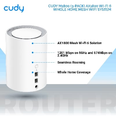 Picture of Cudy M1800 (3-Pack) AX1800 Wi-Fi 6 Whole Home Mesh WiFi System - 1201Mbps on 5GHz and 574Mbps on 2.4GHz - MU-MIMO, Beamforming, WPA3 - Whole Home Coverage - White