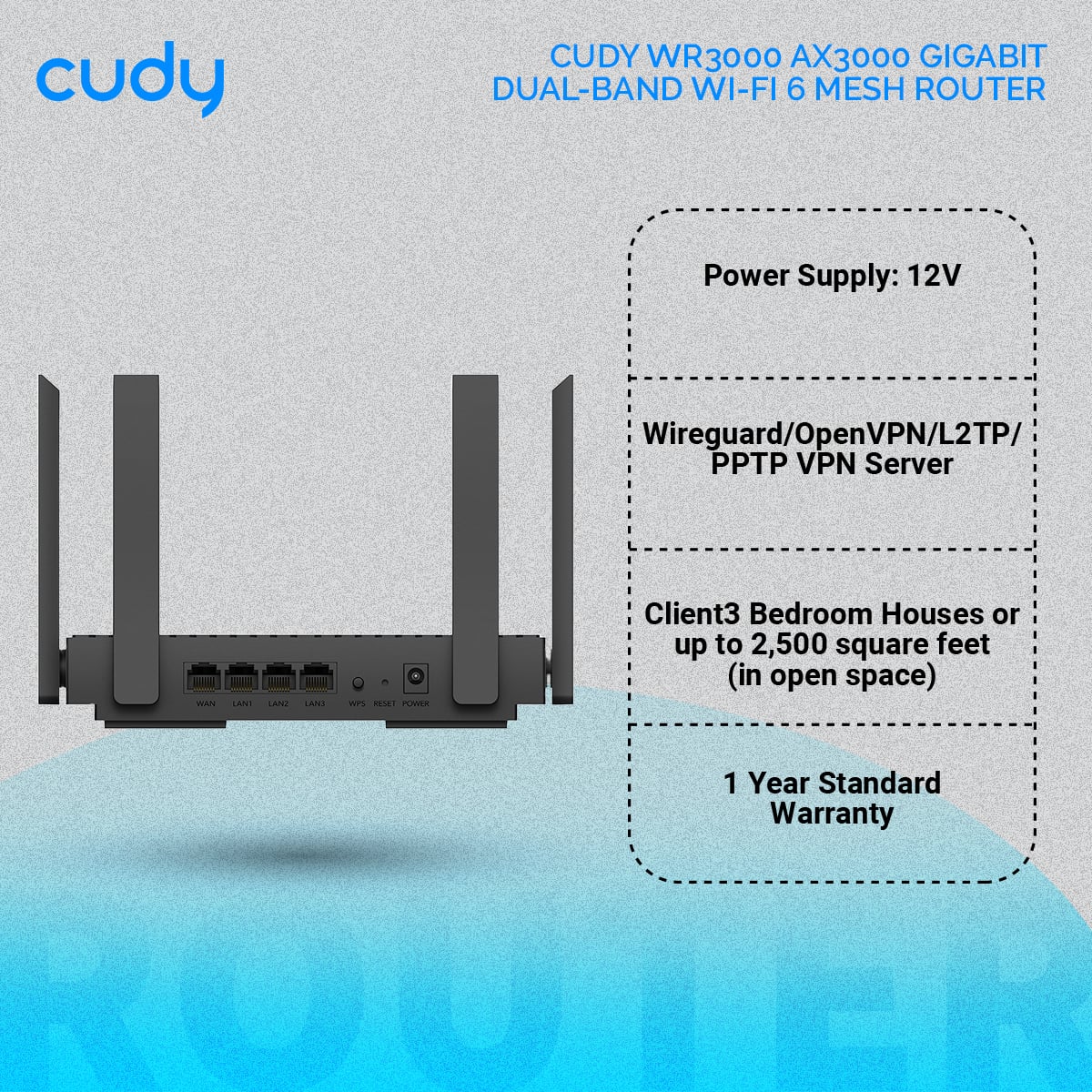Picture of Cudy WR3000 AX3000 Gigabit Dual-Band Wi-Fi 6 Mesh Router - Black