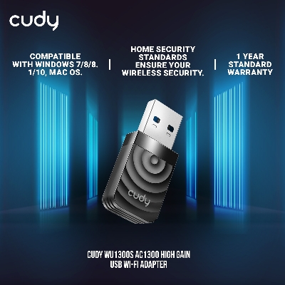 Picture of Cudy WU1300S AC1300 High Gain USB Wi-Fi Adapter - Upgrade to fast AC1300 WiFi speeds - Dual Band Ideal for video streaming and online gaming - High Gain Antenna provides powerful signal - Compatible with Windows 7/8/8.1/10, mac OS