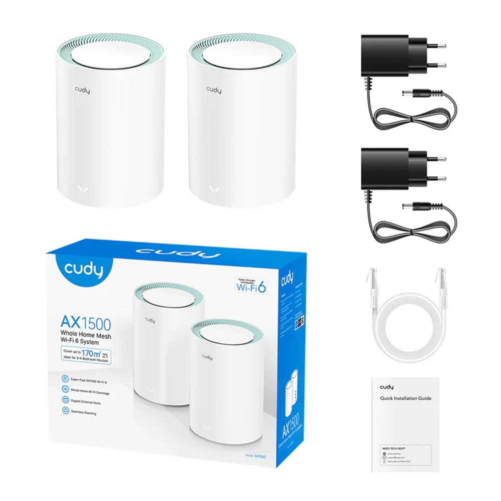 Picture of Cudy M1500 2-Pack AX1500 Dual Band Wi-Fi 6 Mesh System Router -  1201 Mbps + 300 Mbps Wi-Fi - 3× Gigabit Ethernet Ports - Connect 60 Devices - Parental Controls: URL Blacklist, Time Schedule, Profiles, Client Management - Cudy Mesh, VPN Client, Cudy App,