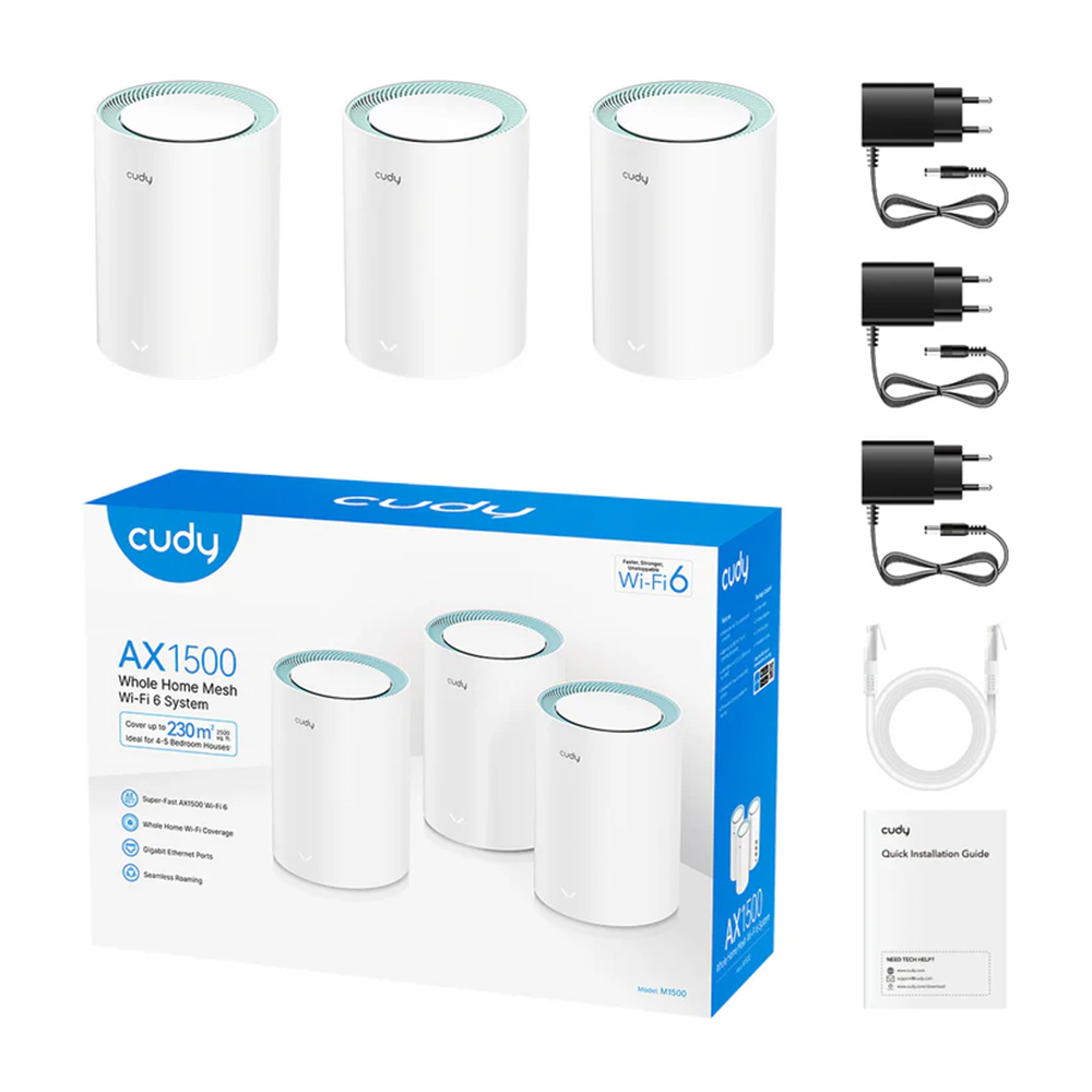 Picture of Cudy M1500  3-Pack AX1500 Dual Band Wi-Fi 6 Mesh System Router -  1201 Mbps + 300 Mbps Wi-Fi - 3× Gigabit Ethernet Ports - Connect 60 Devices - Parental Controls: URL Blacklist, Time Schedule, Profiles, Client Management - Cudy Mesh, VPN Client, Cudy App,