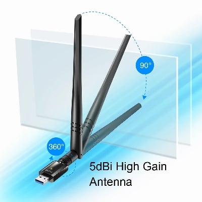 Picture of Cudy WU1400 AC1300 Dual Band High Gain USB Wi-Fi Adapter - 867Mbps at 5GHz and 400Mbps at 2.4GHz - 5dBi High Gain Detachable Antenna - Compatible with Windows, macOS, Linux - Black